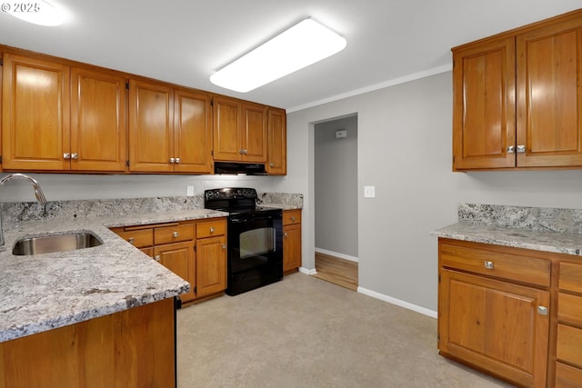 29652 Lusk Rd, Eugene, OR 97405 - kitchen with black range with electric stovetop, a sink, ventilation hood, brown cabinets, and light stone counters