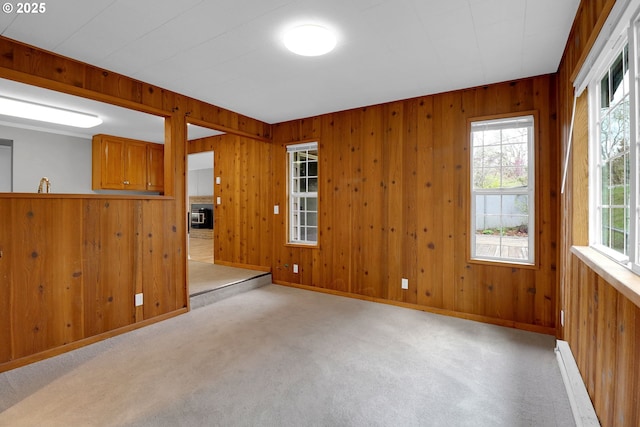 29652 Lusk Rd, Eugene, OR 97405 - empty room with healthy amount of natural light, wood walls, light colored carpet, and baseboards