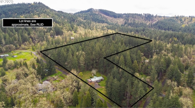 29652 Lusk Rd, Eugene, OR 97405 - aerial view of property and surrounding area with a forest, property parcel outlined, and a mountainous background