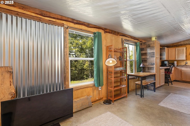 interior space featuring concrete flooring and wood walls