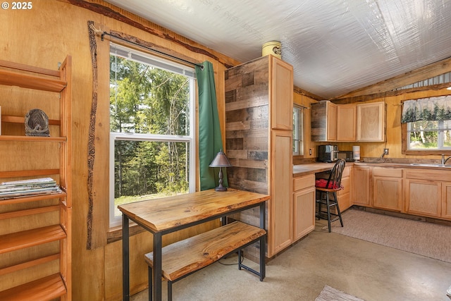 kitchen featuring light brown cabinetry, wooden walls, a wealth of natural light, and lofted ceiling