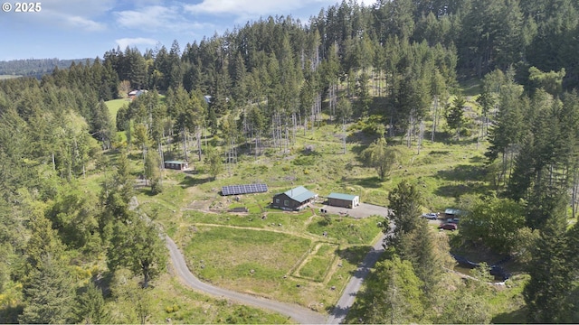 drone / aerial view with a wooded view
