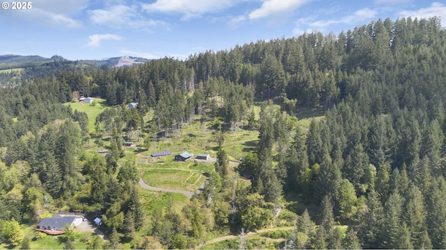 aerial view with a wooded view and a mountain view