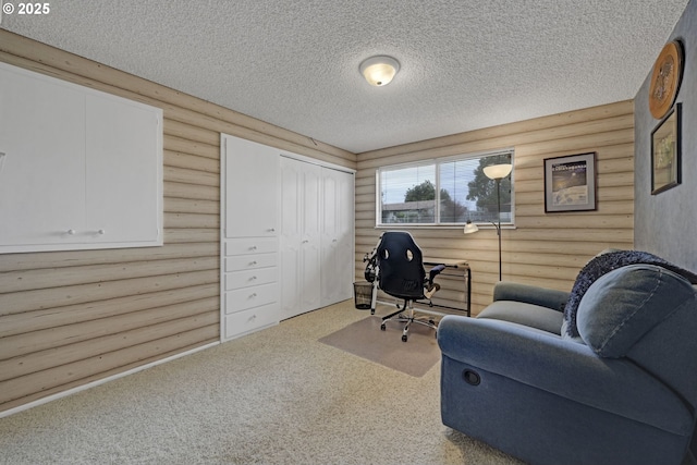 85304 Nestle Way, Pleasant Hill, OR 97455 - home office with rustic walls, a textured ceiling, and carpet flooring