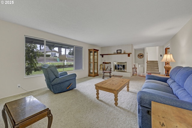 85304 Nestle Way, Pleasant Hill, OR 97455 - living room featuring carpet floors, stairs, and a brick fireplace