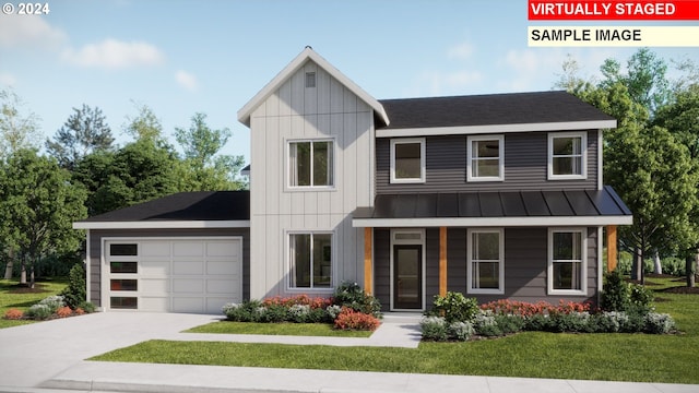 view of front of home featuring a front yard and a garage