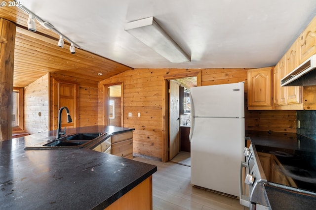 520 Elm Ave, Tillamook, OR 97141 - kitchen with freestanding refrigerator, a sink, vaulted ceiling, stainless steel electric stove, and dark countertops