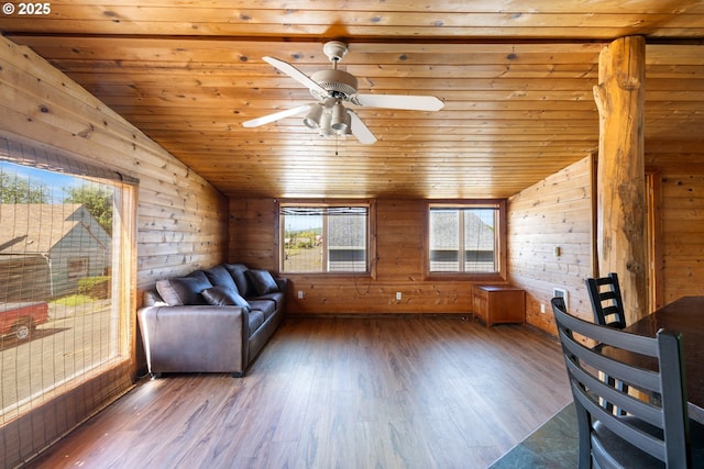 520 Elm Ave, Tillamook, OR 97141 - living room with vaulted ceiling, wood ceiling, wood finished floors, wooden walls, and ceiling fan