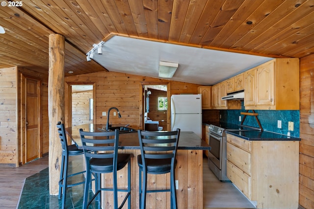 520 Elm Ave, Tillamook, OR 97141 - kitchen with freestanding refrigerator, stainless steel electric range, wood walls, light brown cabinets, and under cabinet range hood