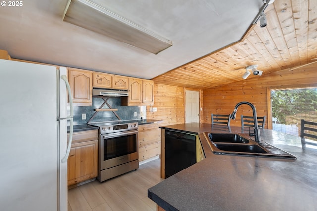 520 Elm Ave, Tillamook, OR 97141 - kitchen featuring freestanding refrigerator, black dishwasher, stainless steel range with electric stovetop, under cabinet range hood, and a sink