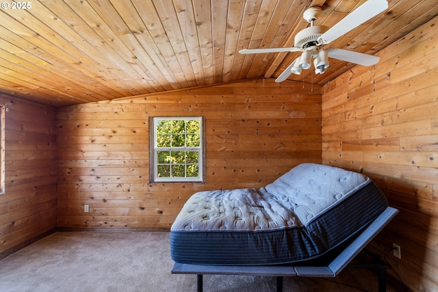 520 Elm Ave, Tillamook, OR 97141 - sitting room featuring vaulted ceiling, carpet flooring, wooden walls, wooden ceiling, and ceiling fan