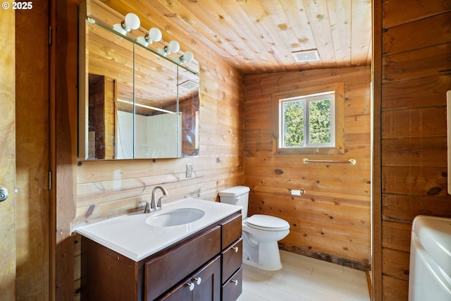 520 Elm Ave, Tillamook, OR 97141 - full bath with wooden ceiling, vanity, toilet, and wooden walls