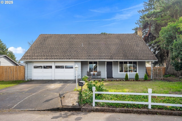 view of front facade with fence, a porch, concrete driveway, a front yard, and an attached garage