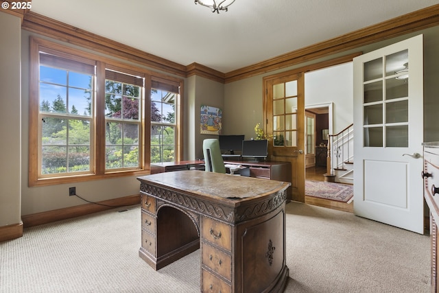 24800 SW Big Fir Rd, West Linn, OR 97068 - home office featuring light colored carpet, baseboards, and ornamental molding