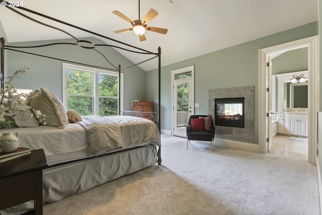 24800 SW Big Fir Rd, West Linn, OR 97068 - bedroom featuring access to outside, carpet floors, lofted ceiling, a multi sided fireplace, and ensuite bath