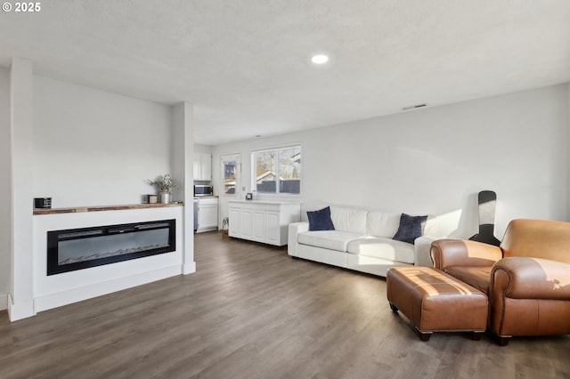 living room with dark wood-type flooring