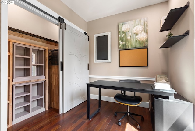 22961 SE Filbert Rd, Eagle Creek, OR 97022 - office area featuring a barn door, dark wood-style flooring, and baseboards