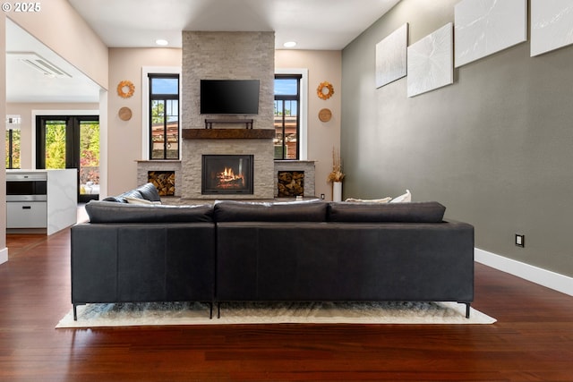 22961 SE Filbert Rd, Eagle Creek, OR 97022 - living room with a fireplace, plenty of natural light, dark wood finished floors, and recessed lighting