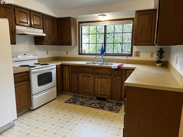 1011 Heather Ct, Reedsport, OR 97467 - kitchen with under cabinet range hood, white appliances, light countertops, and light floors
