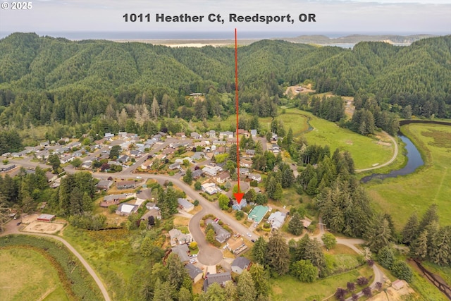 1011 Heather Ct, Reedsport, OR 97467 - aerial view of residential area featuring a forest and a nearby body of water
