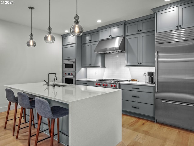 kitchen featuring appliances with stainless steel finishes, pendant lighting, an island with sink, sink, and wall chimney exhaust hood