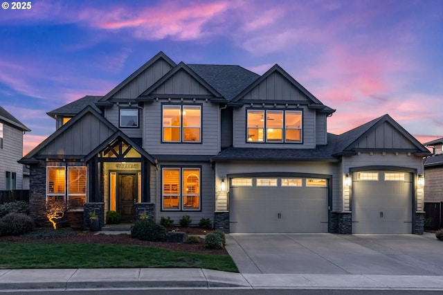 craftsman-style house with driveway, stone siding, a shingled roof, and board and batten siding