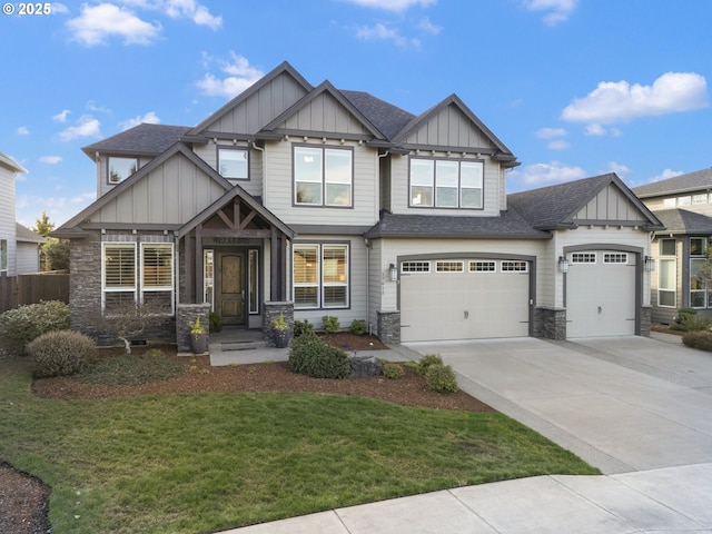 craftsman house featuring a shingled roof, concrete driveway, board and batten siding, stone siding, and a front lawn