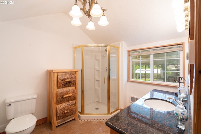 77690 Brock Rd, Oakridge, OR 97463 - full bathroom featuring vaulted ceiling, a stall shower, a chandelier, toilet, and vanity