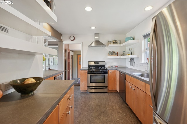 kitchen with stainless steel appliances, wall chimney exhaust hood, a sink, open shelves, and dark countertops