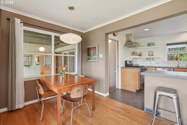 dining space featuring baseboards, wood finished floors, and ornamental molding