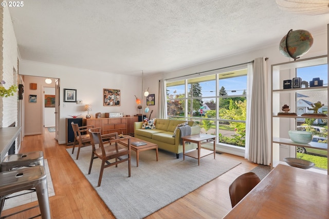 living room featuring a textured ceiling, light wood-style flooring, and crown molding