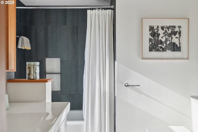 full bath featuring shower / bathtub combination with curtain
