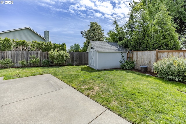 view of yard featuring a patio area, a storage unit, and an outdoor structure