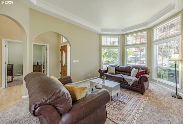 living area featuring arched walkways, a tray ceiling, carpet flooring, and plenty of natural light