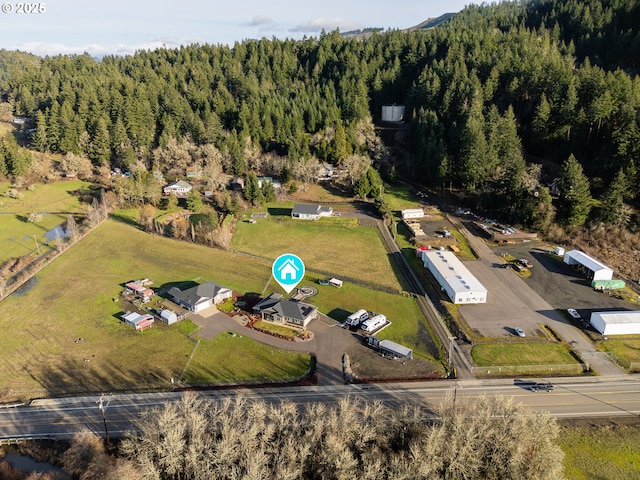 birds eye view of property featuring a wooded view