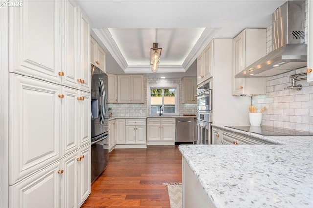 kitchen with a sink, stainless steel appliances, wall chimney range hood, a raised ceiling, and dark wood-style flooring