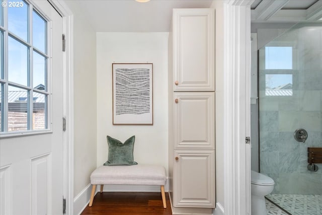 full bathroom featuring baseboards, wood finished floors, toilet, and a stall shower