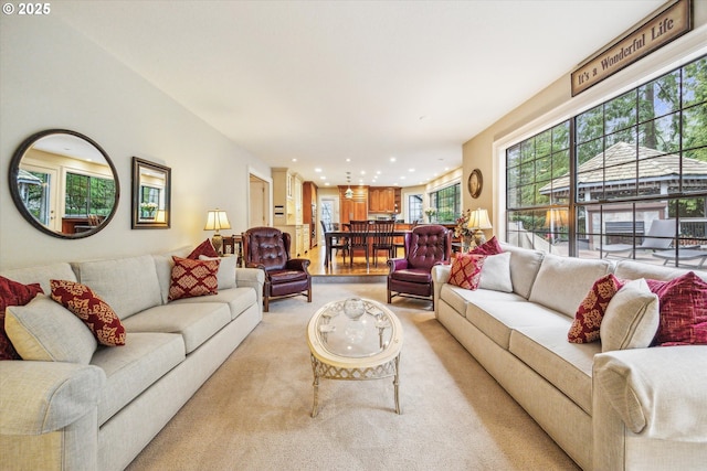 living room featuring light colored carpet