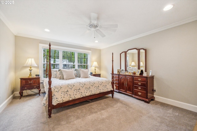 bedroom featuring ceiling fan, ornamental molding, and light carpet