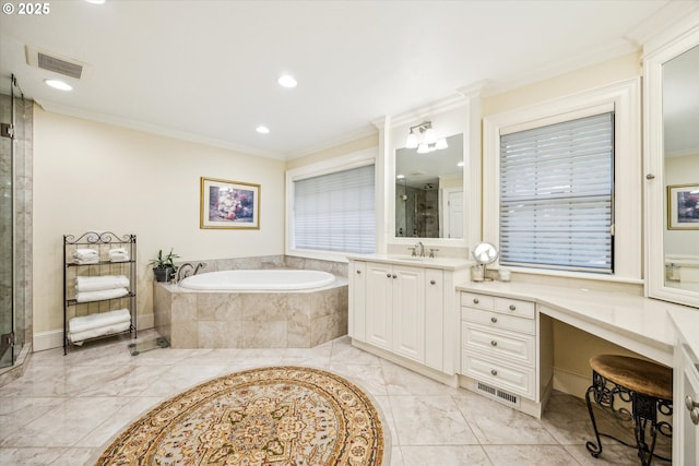 bathroom featuring vanity, crown molding, and independent shower and bath