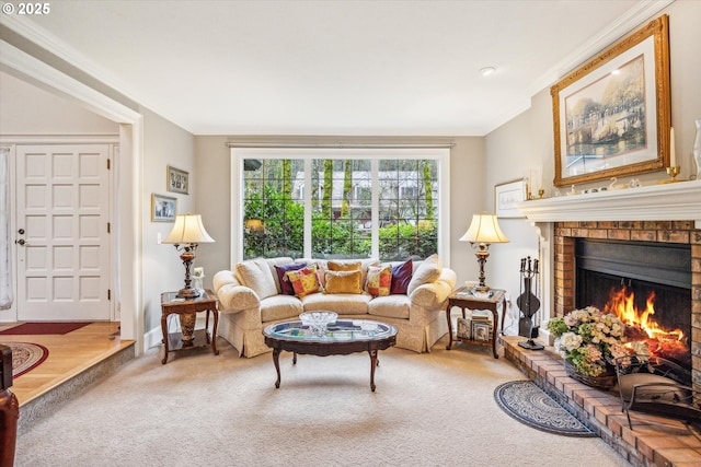 carpeted living room with a brick fireplace and crown molding