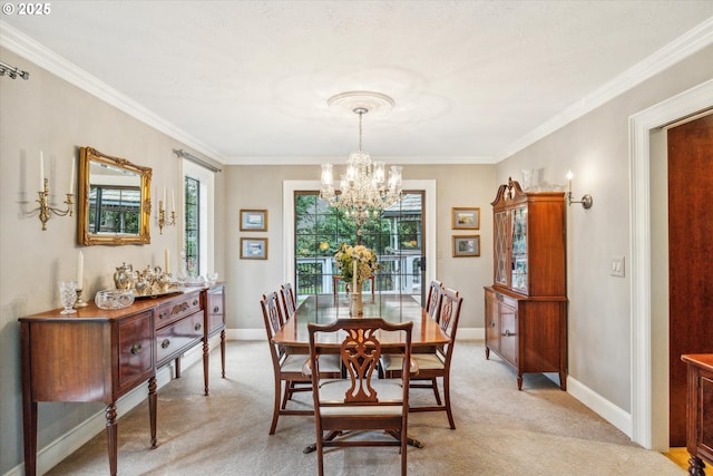 dining space featuring light colored carpet, crown molding, and a chandelier