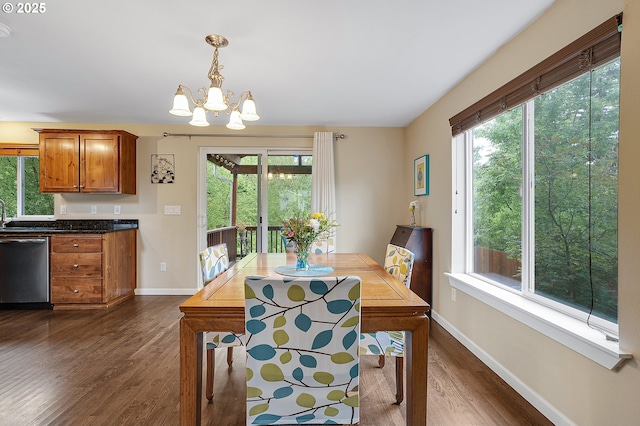 13420 SW 2nd St, Beaverton, OR 97005 - dining space featuring dark wood-style floors, a chandelier, and baseboards