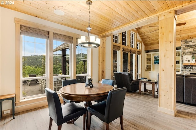 dining room featuring high vaulted ceiling, a chandelier, wooden ceiling, and light hardwood / wood-style floors