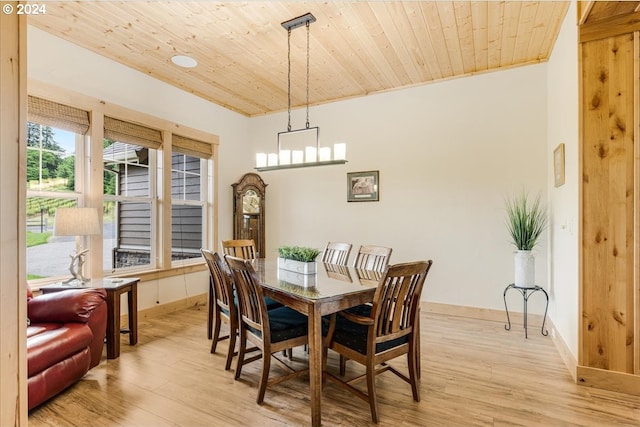 dining room featuring a chandelier, light hardwood / wood-style flooring, and wooden ceiling