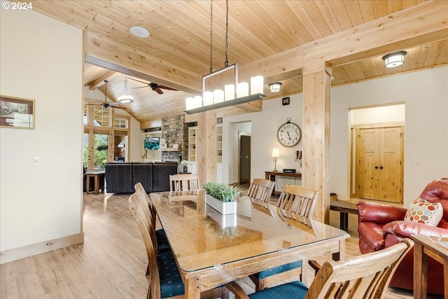 dining room featuring ceiling fan, vaulted ceiling with beams, wood ceiling, and light hardwood / wood-style flooring