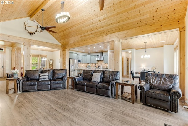 living room featuring high vaulted ceiling, light hardwood / wood-style flooring, and wooden ceiling