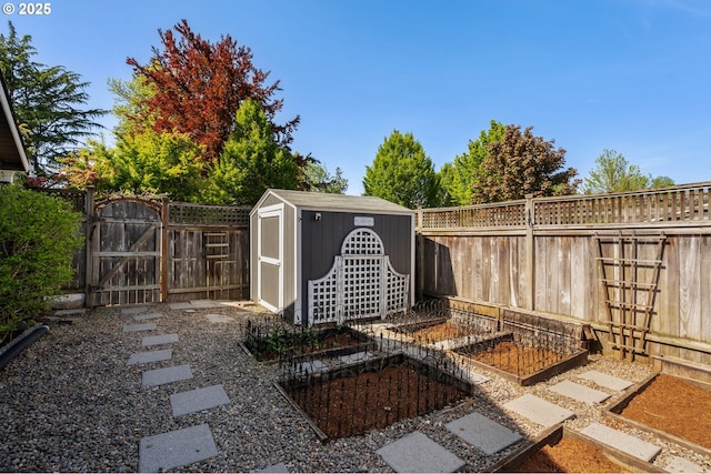 view of yard featuring a fenced backyard, a gate, an outdoor structure, and a storage unit