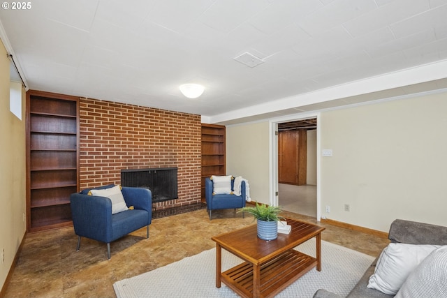 3132 SE 58th Ave, Portland, OR 97206 - living area featuring built in shelves and a brick fireplace