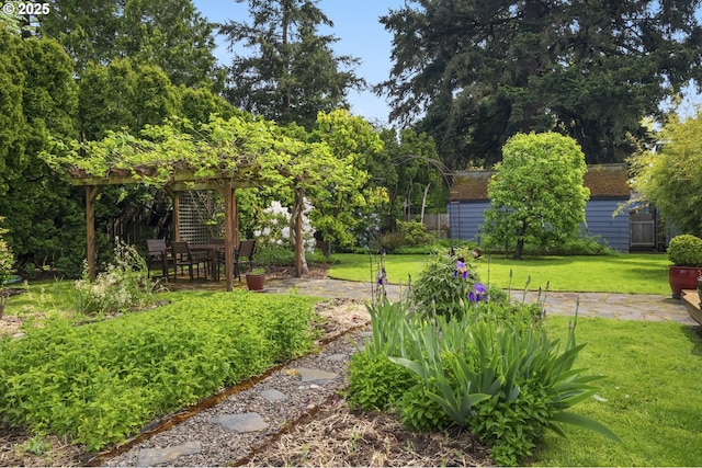3132 SE 58th Ave, Portland, OR 97206 - view of grassy yard featuring a pergola, a storage unit, and a patio